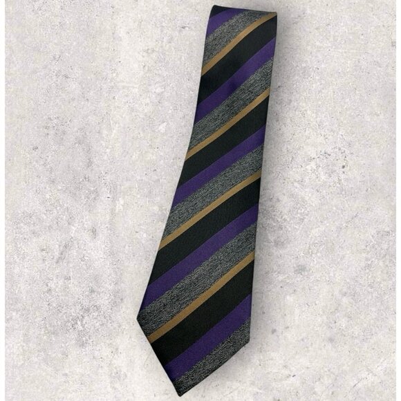 Z ZEGNA Silk Tie ITALY Black Purple Gold Striped W:3.2" EUC - Picture 1 of 6